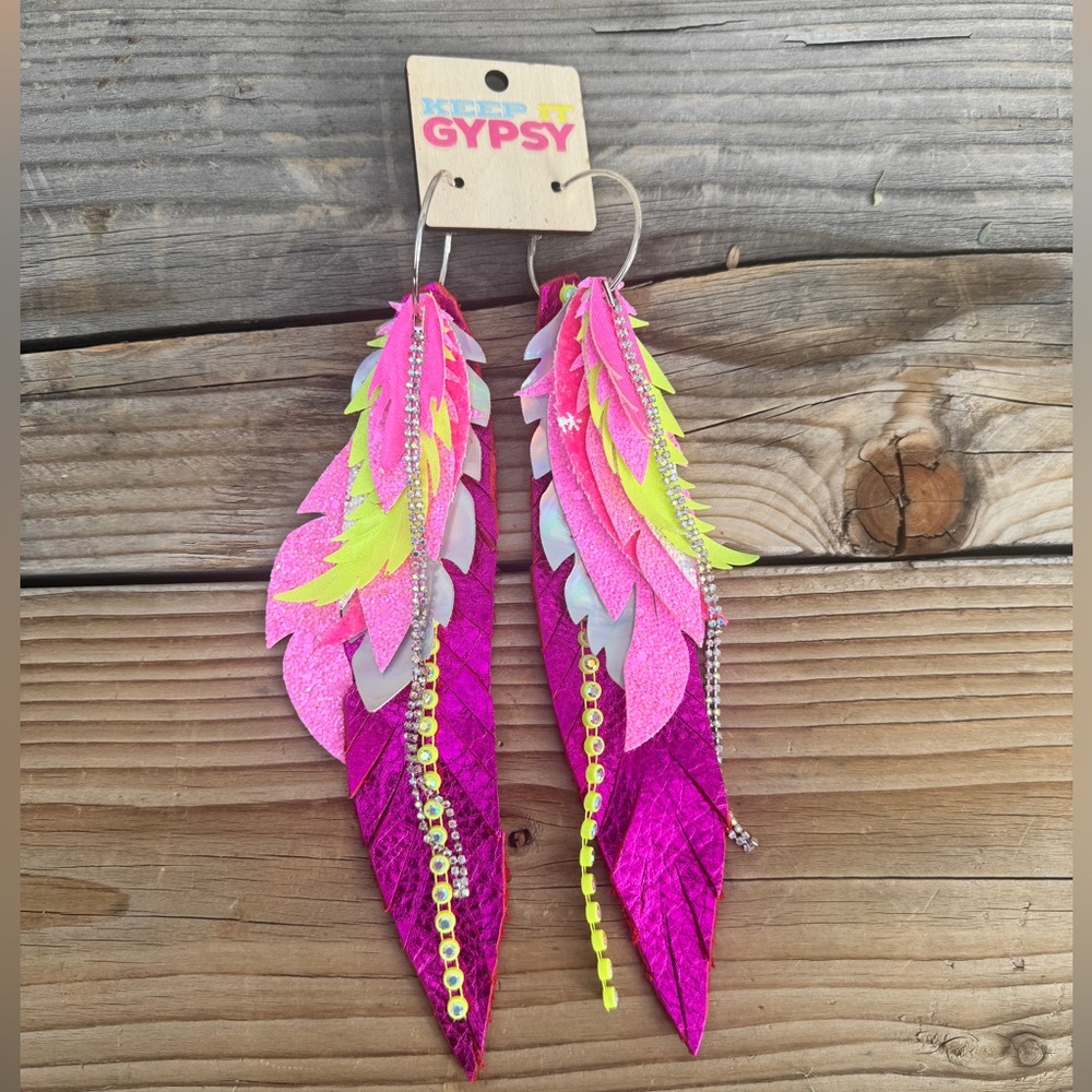 Keep It Gypsy Long Feather Earrings – Neon Pink & Yellow Western Boho Cowgirl - Picture 3 of 7